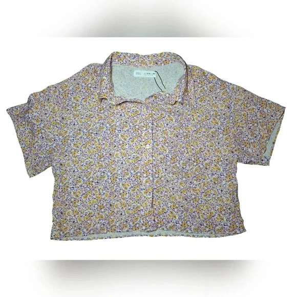 Zara Short Sleeve Crop Button Down Floral Top Purple White Size 13-14 years - Picture 8 of 12